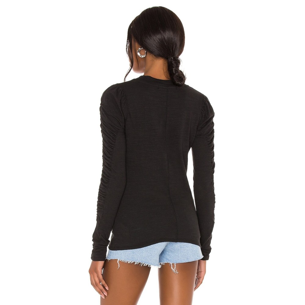 35 M Free People NWT Natasha Tee Raw Neck Ruched Sleeve Slub Jersey Knit Black M - Picture 2 of 10